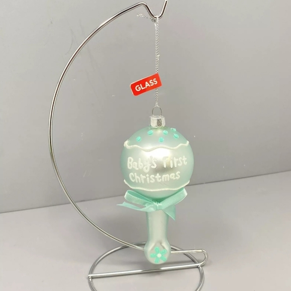 NEW Blown Glass Green Turquoise BABY RATTLE Baby's First Christmas 5" Ornament - Picture 1 of 4